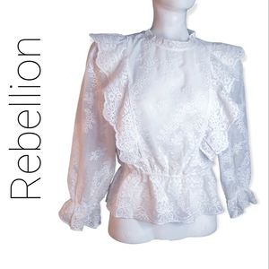 Rebellion womens white sheer lacy embroidered pinafore style blouse medium